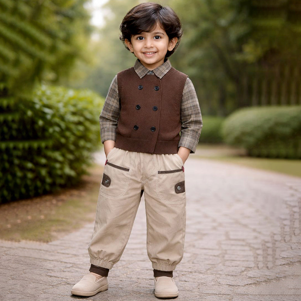 3 Pcs Set,High Collar Brown Knit Vest,Checkered Shirt & Pants for Kids
