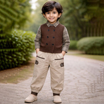 3 Pcs Set,High Collar Brown Knit Vest,Checkered Shirt & Pants for Kids