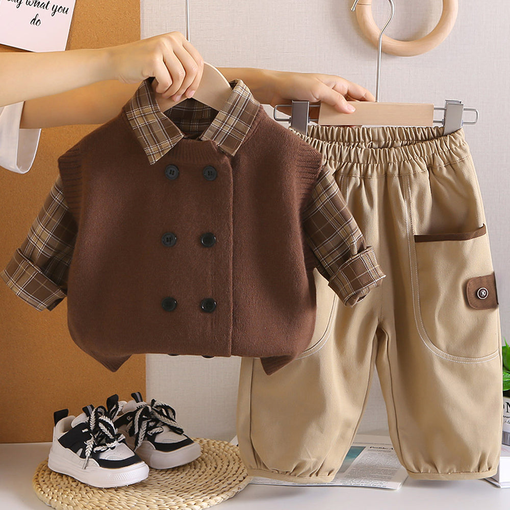 3 Pcs Set,High Collar Brown Knit Vest,Checkered Shirt & Pants for Kids