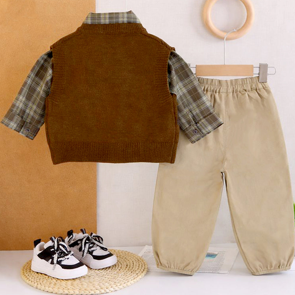 3 Pcs Set,High Collar Brown Knit Vest,Checkered Shirt & Pants for Kids