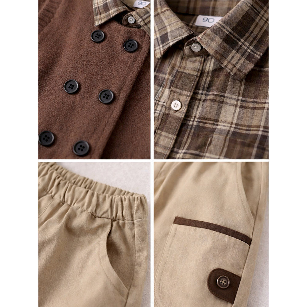 3 Pcs Set,High Collar Brown Knit Vest,Checkered Shirt & Pants for Kids