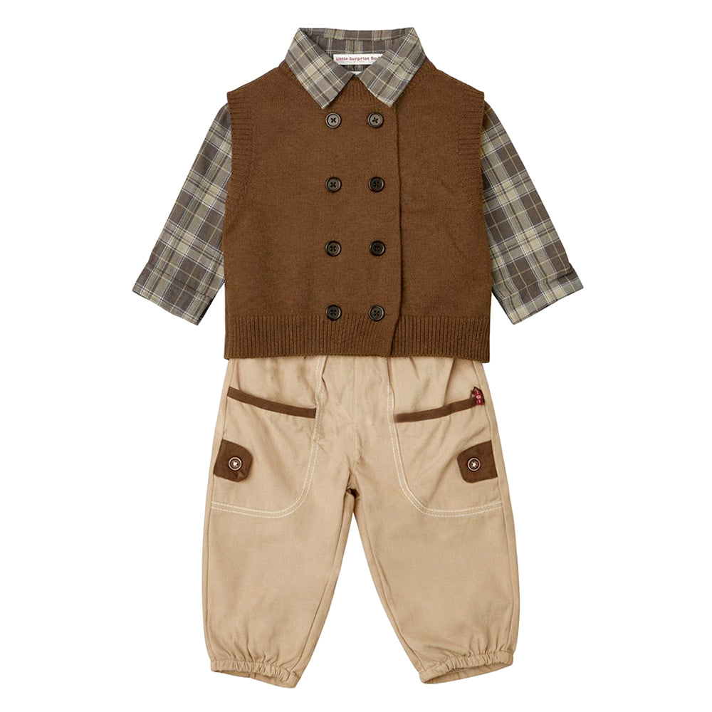 3 Pcs Set,High Collar Brown Knit Vest,Checkered Shirt & Pants for Kids