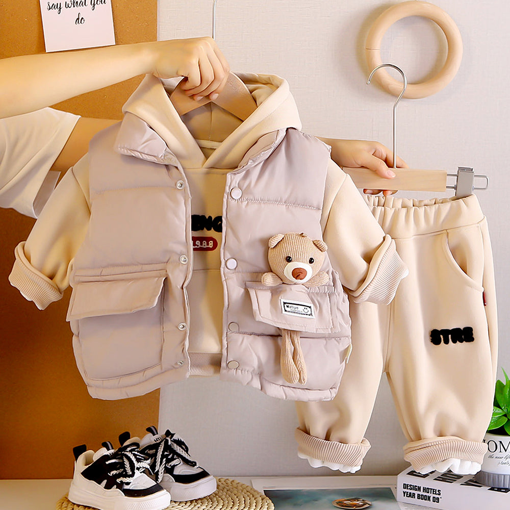 3 Pcs Set, Cream Long Ted Hoodie, Sleeveless Puffer Jacket with Pants for Kids, Winterwear