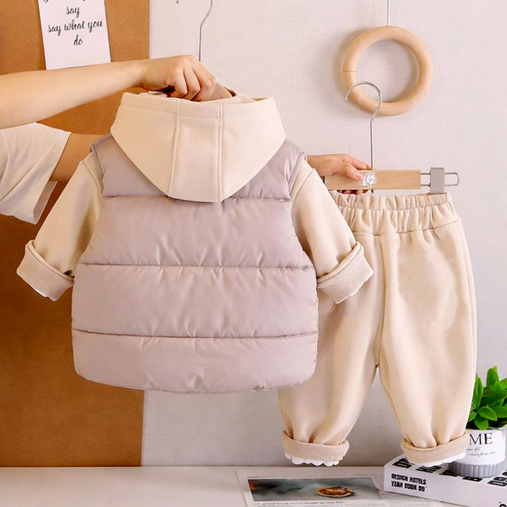3 Pcs Set, Cream Long Ted Hoodie, Sleeveless Puffer Jacket with Pants for Kids, Winterwear