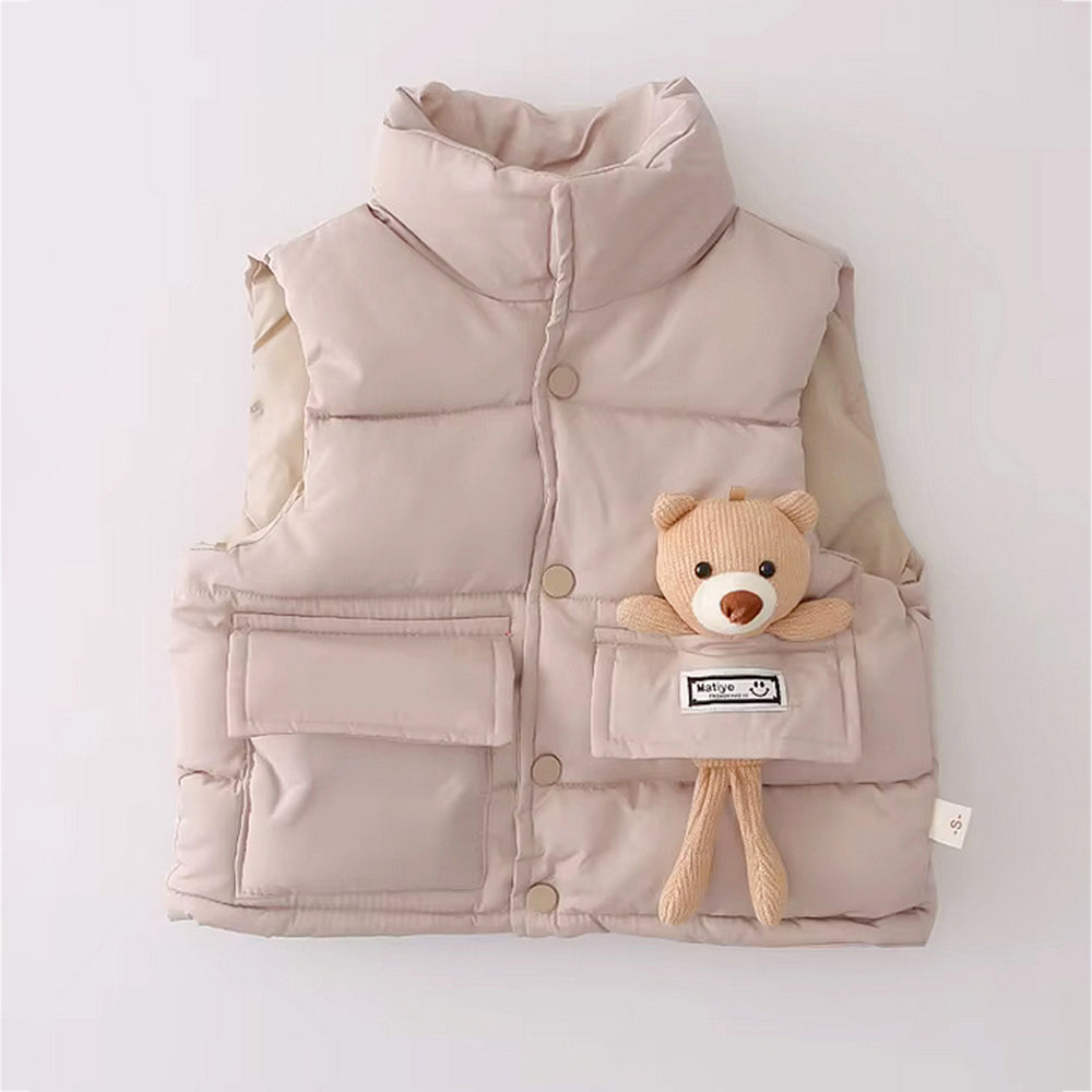 3 Pcs Set, Cream Long Ted Hoodie, Sleeveless Puffer Jacket with Pants for Kids, Winterwear