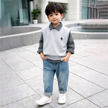 3 Pcs Set,Grey Horse Sweater Vest,Checkered Shirt & Denims set for Kids
