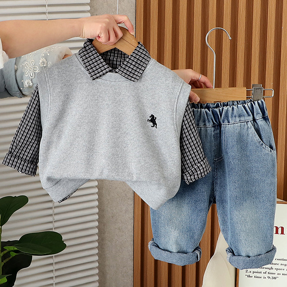 3 Pcs Set,Grey Horse Sweater Vest,Checkered Shirt & Denims set for Kids