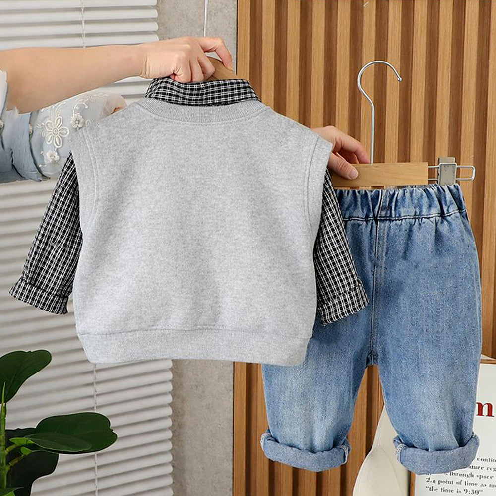 3 Pcs Set,Grey Horse Sweater Vest,Checkered Shirt & Denims set for Kids