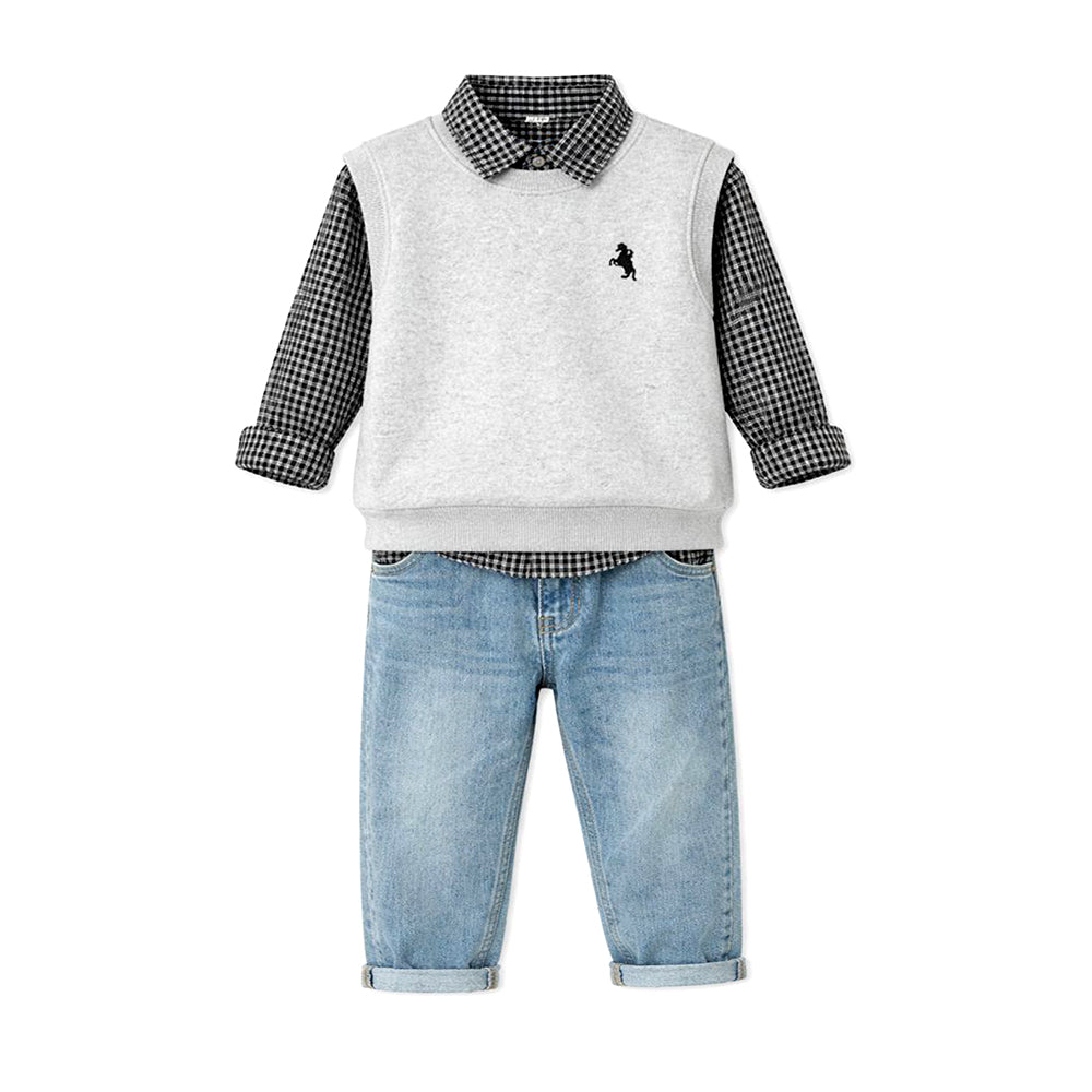 3 Pcs Set,Grey Horse Sweater Vest,Checkered Shirt & Denims set for Kids