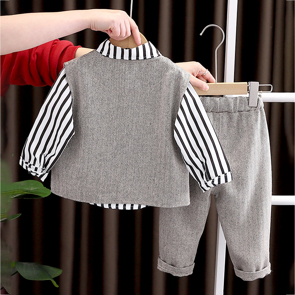 3 Pcs Set,Grey Zig Zag Textured Vest,Shirt & Pants for Kids