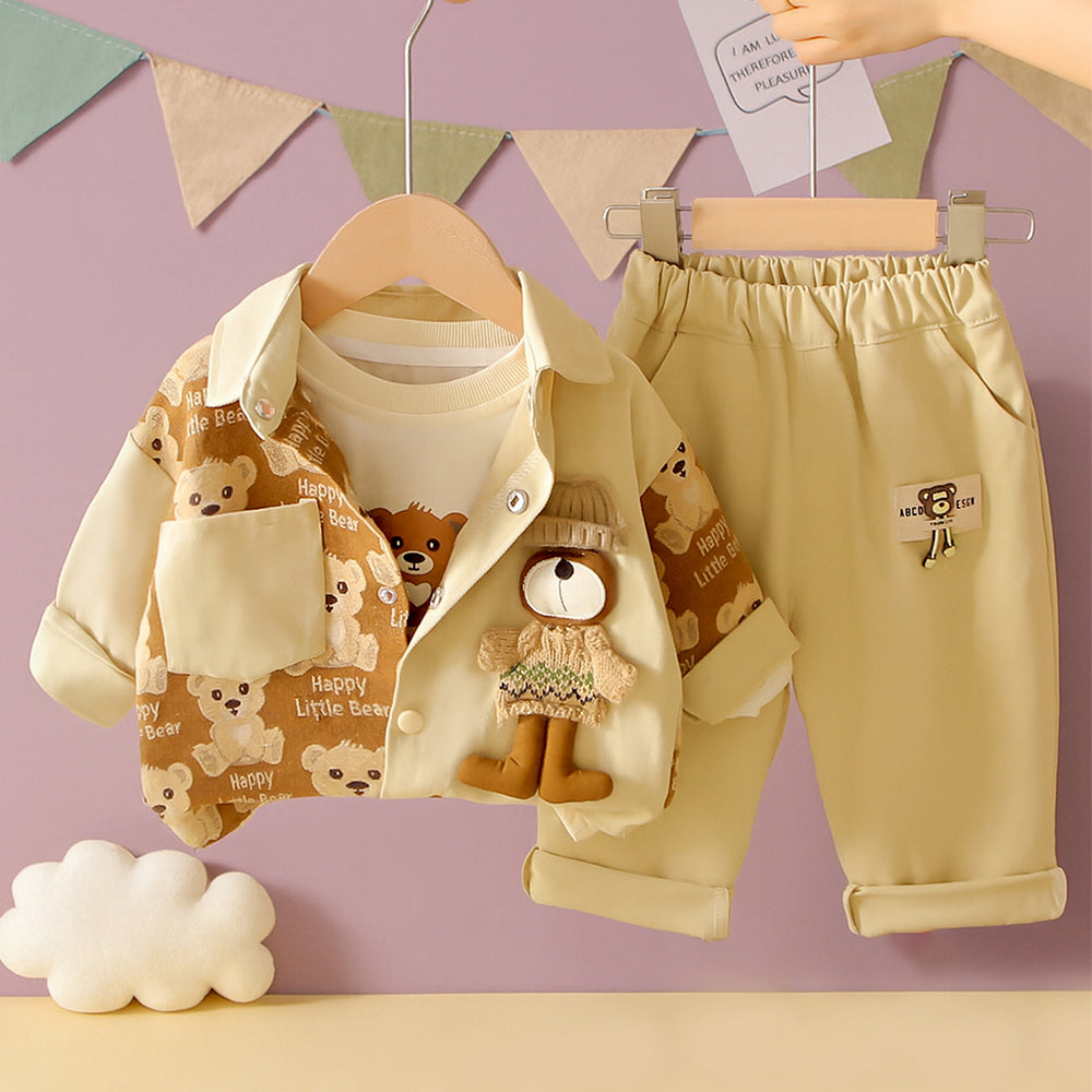 3pcs set, Happy Little Bear Jacket, T-shirt & Pants set for Kids