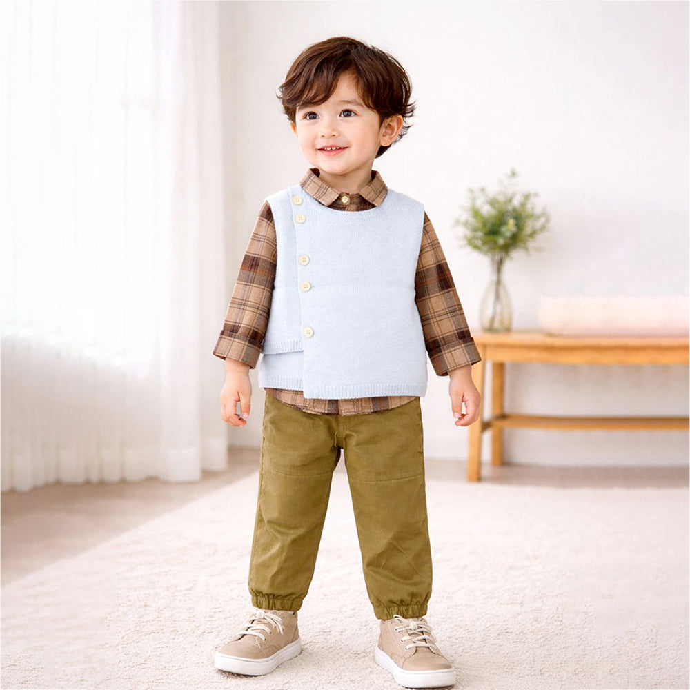 3 Pcs Set,Ivory Knit Vest,Checkered Shirt & Pants set for Kids