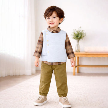3 Pcs Set,Ivory Knit Vest,Checkered Shirt & Pants set for Kids