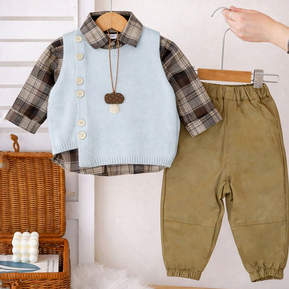 3 Pcs Set,Ivory Knit Vest,Checkered Shirt & Pants set for Kids
