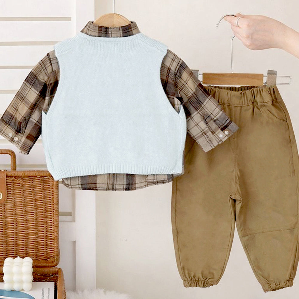 3 Pcs Set,Ivory Knit Vest,Checkered Shirt & Pants set for Kids