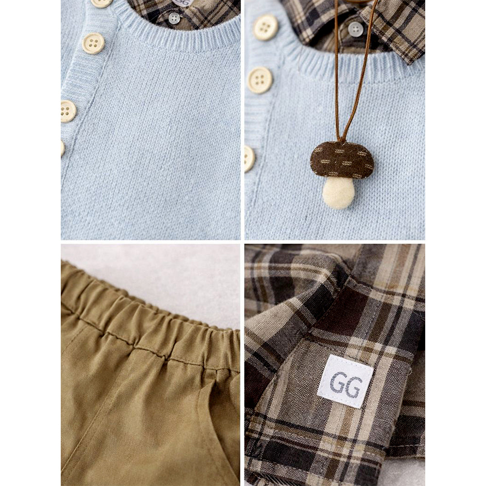 3 Pcs Set,Ivory Knit Vest,Checkered Shirt & Pants set for Kids