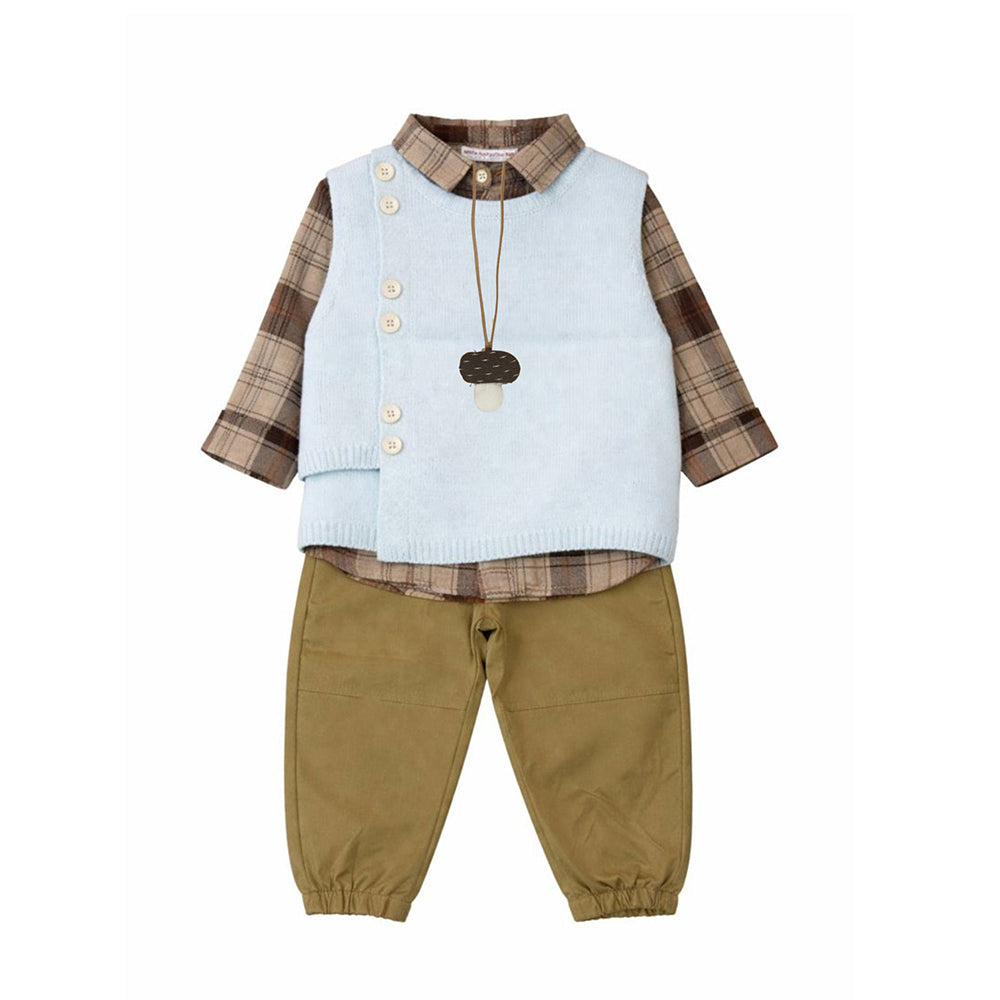 3 Pcs Set,Ivory Knit Vest,Checkered Shirt & Pants set for Kids