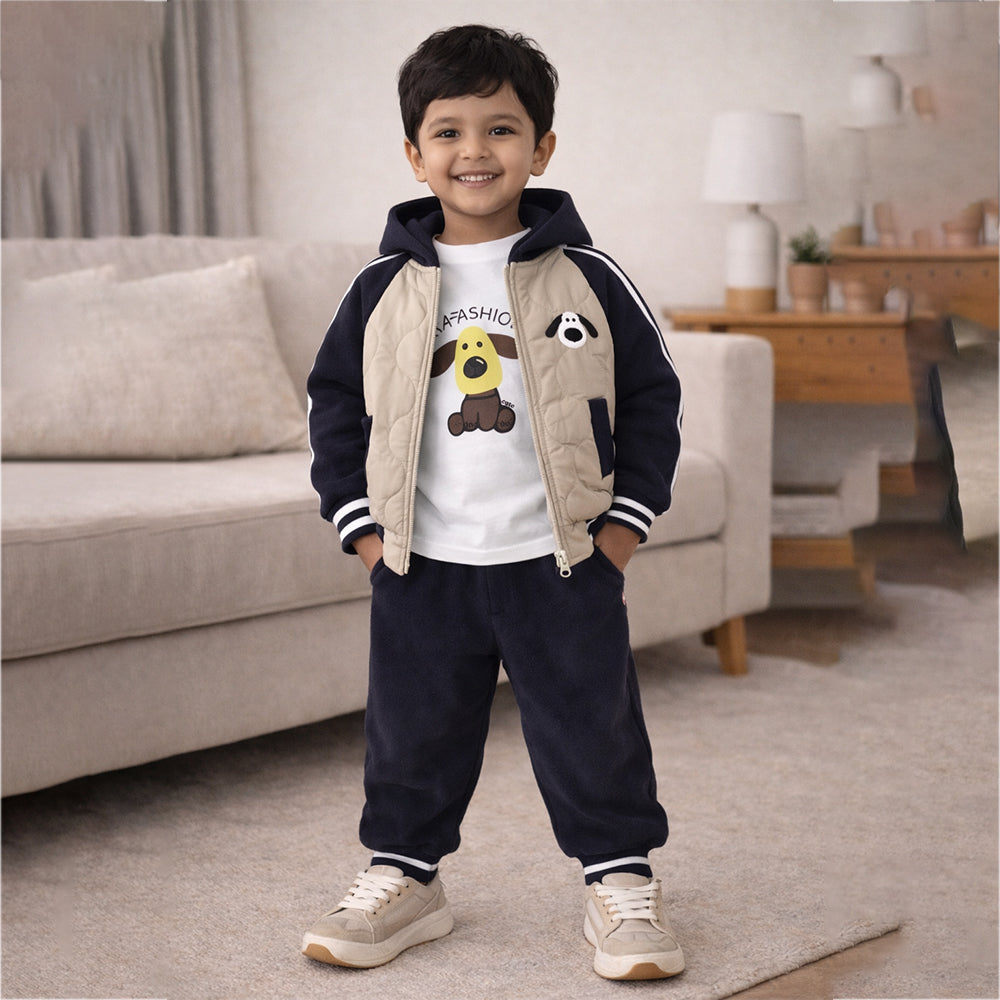 3 Pcs Set, Navy Beige Puffer Jacket, T-shirt & Tracksuits set for Kids, Fleece Winterwear