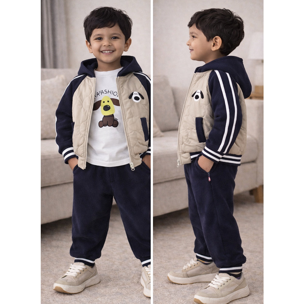 3 Pcs Set, Navy Beige Puffer Jacket, T-shirt & Tracksuits set for Kids, Fleece Winterwear