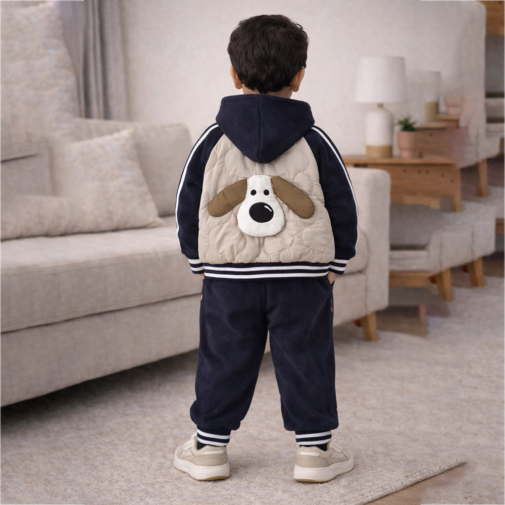 3 Pcs Set, Navy Beige Puffer Jacket, T-shirt & Tracksuits set for Kids, Fleece Winterwear
