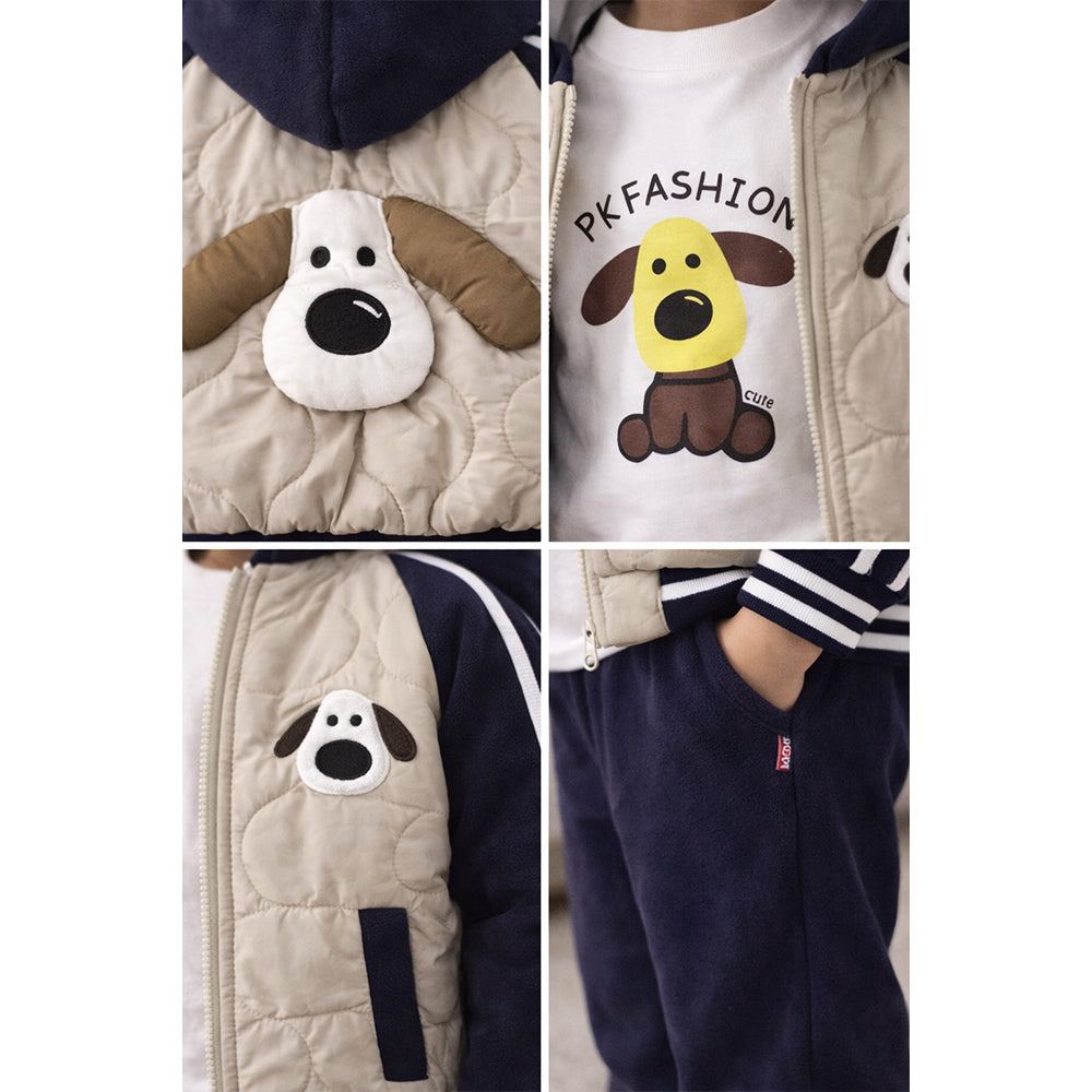 3 Pcs Set, Navy Beige Puffer Jacket, T-shirt & Tracksuits set for Kids, Fleece Winterwear