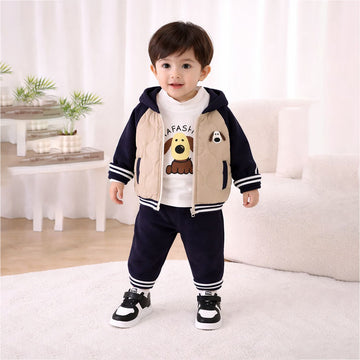 3 Pcs Set, Navy Beige Puffer Jacket, T-shirt & Tracksuits set for Kids, Fleece Winterwear