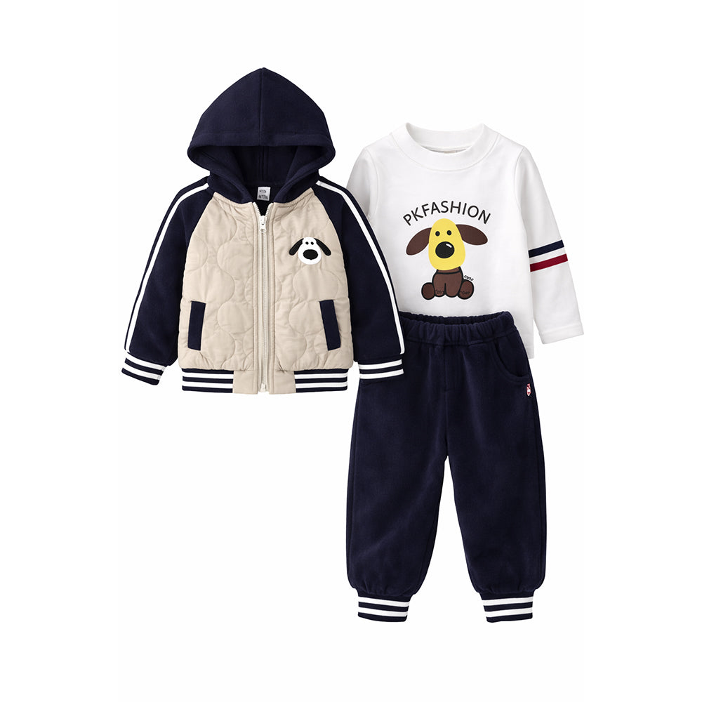 3 Pcs Set, Navy Beige Puffer Jacket, T-shirt & Tracksuits set for Kids, Fleece Winterwear