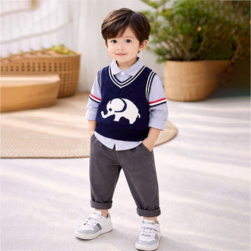 3 Pcs Set,Navy Elephant sweater,Stripes Shirt,& Pants set for Kids