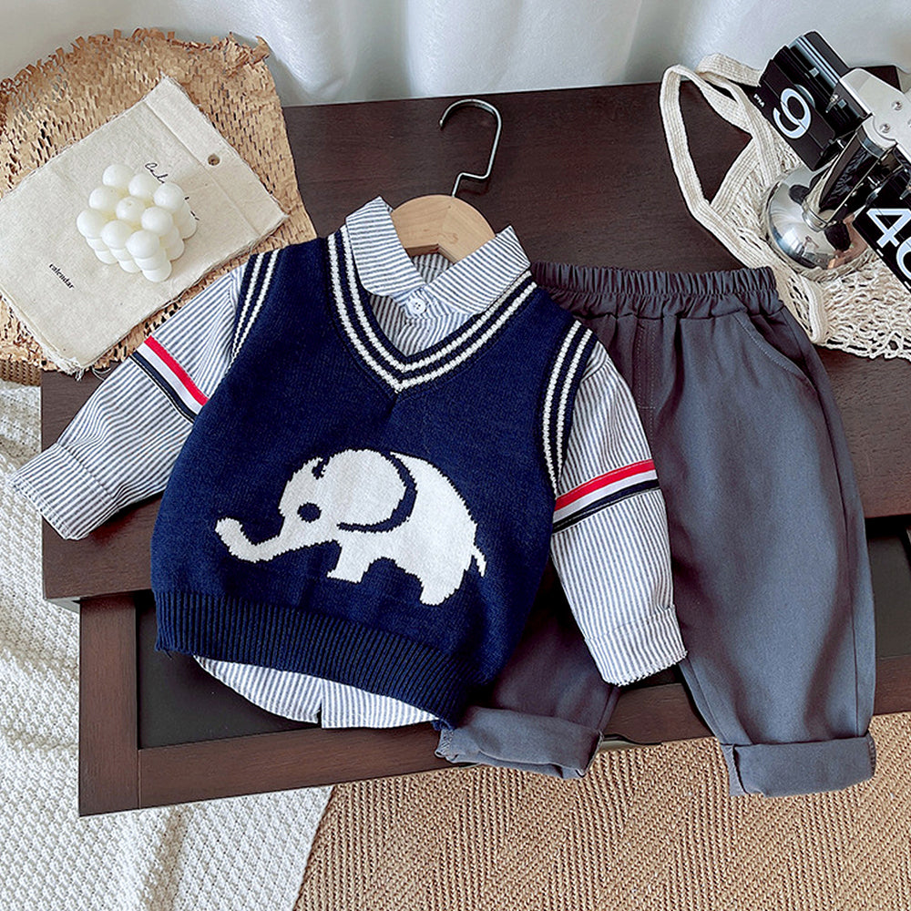 3 Pcs Set,Navy Elephant sweater,Stripes Shirt,& Pants set for Kids