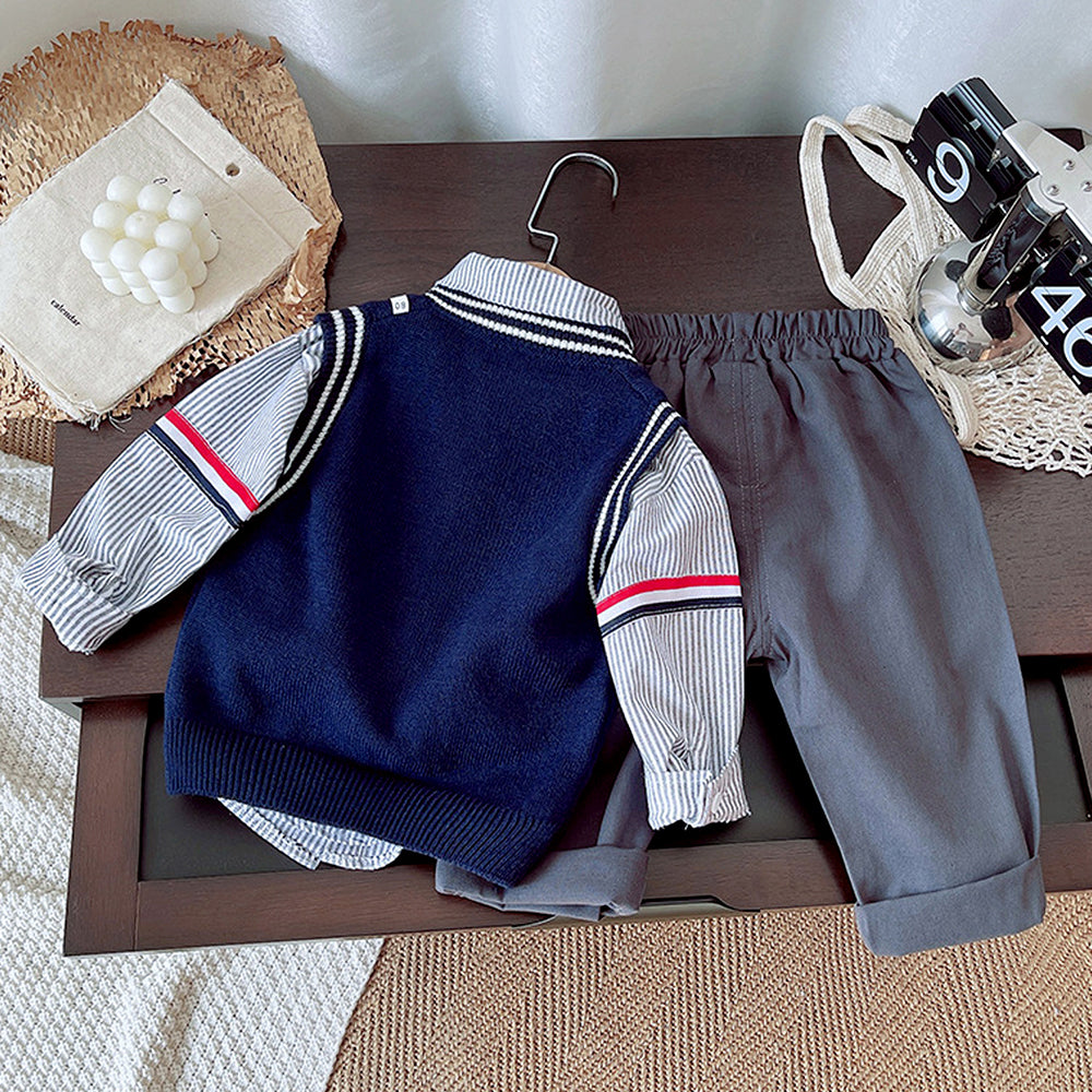 3 Pcs Set,Navy Elephant sweater,Stripes Shirt,& Pants set for Kids