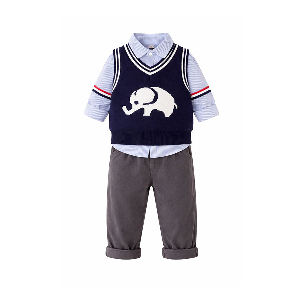 3 Pcs Set,Navy Elephant sweater,Stripes Shirt,& Pants set for Kids