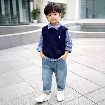 3 Pcs Set,Navy Horse Blue Sweater Vest,Checkered Shirt & Denims set for Kids