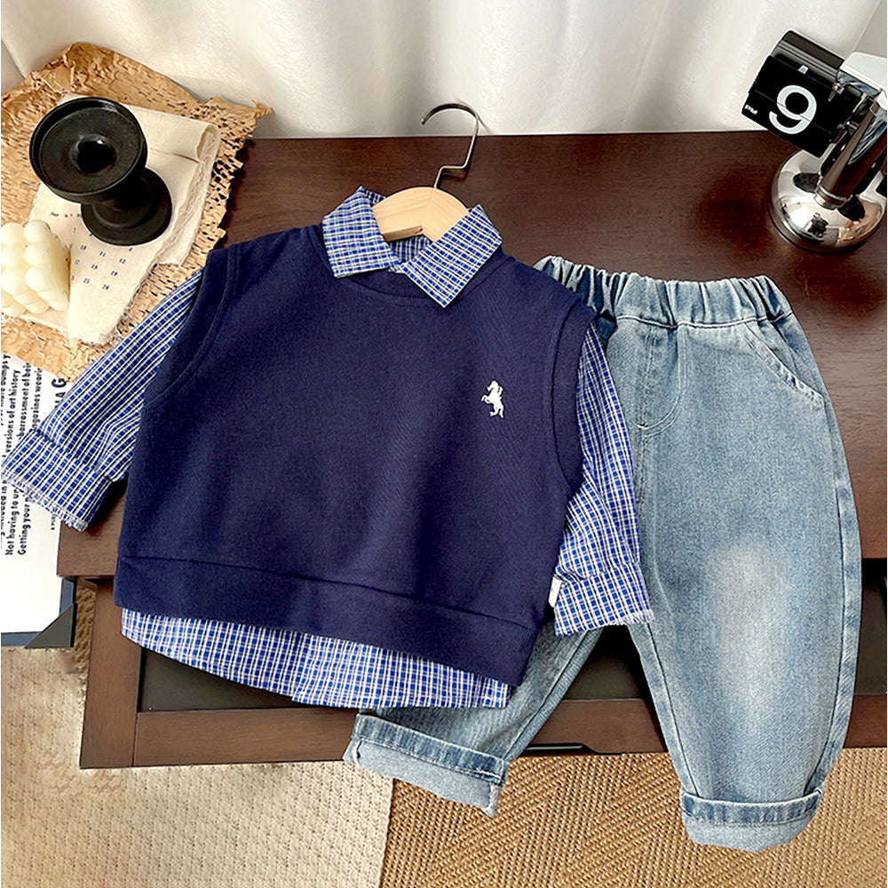 3 Pcs Set,Navy Horse Blue Sweater Vest,Checkered Shirt & Denims set for Kids