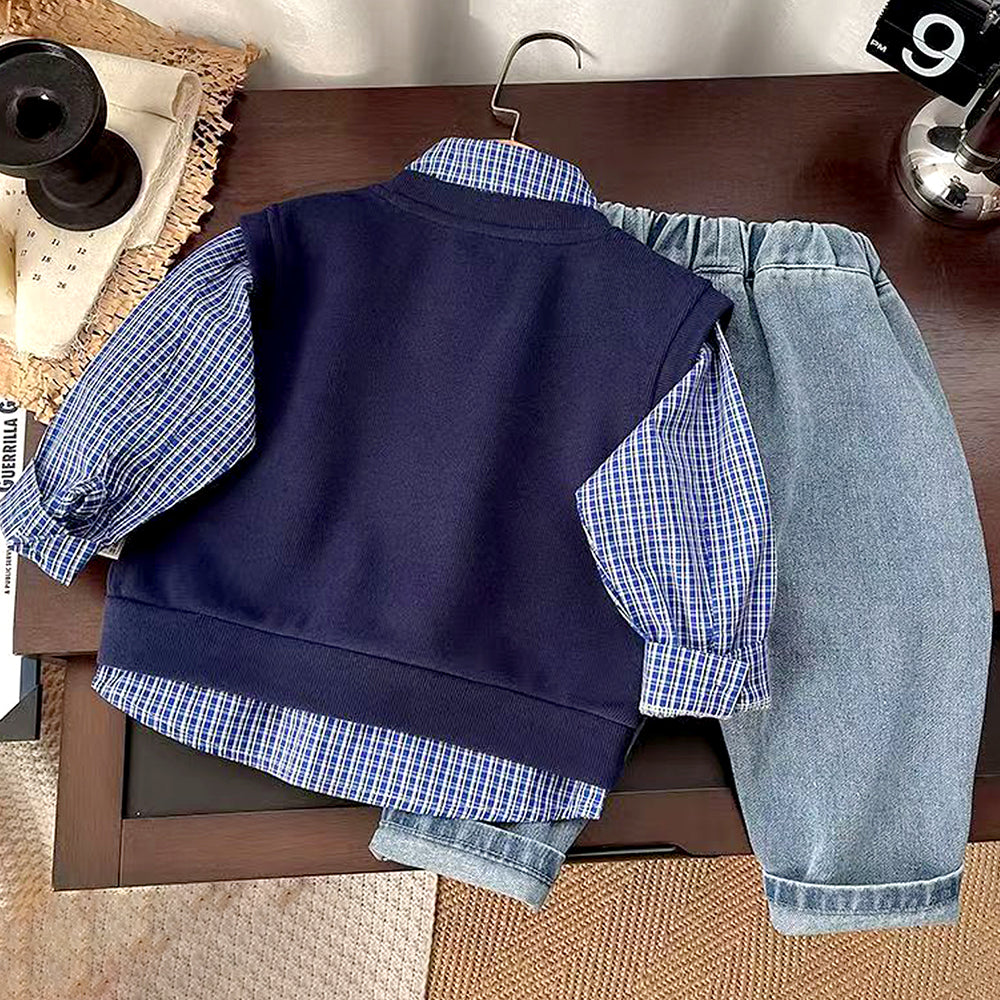 3 Pcs Set,Navy Horse Blue Sweater Vest,Checkered Shirt & Denims set for Kids