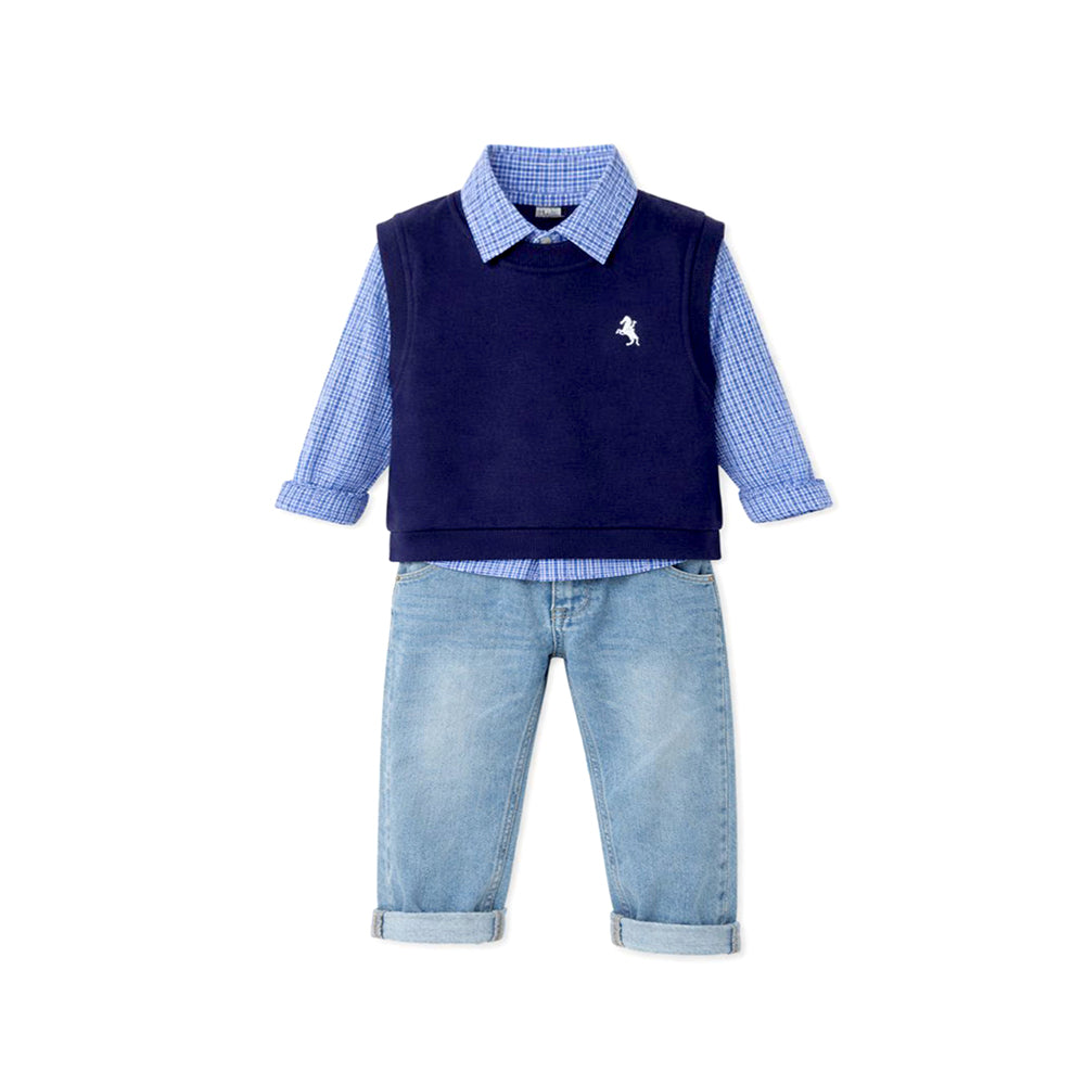 3 Pcs Set,Navy Horse Blue Sweater Vest,Checkered Shirt & Denims set for Kids
