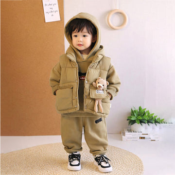 3 Pcs Set, Olive Long Ted Hoodie, Sleeveless Puffer Jacket with Pants for Kids, Winterwear