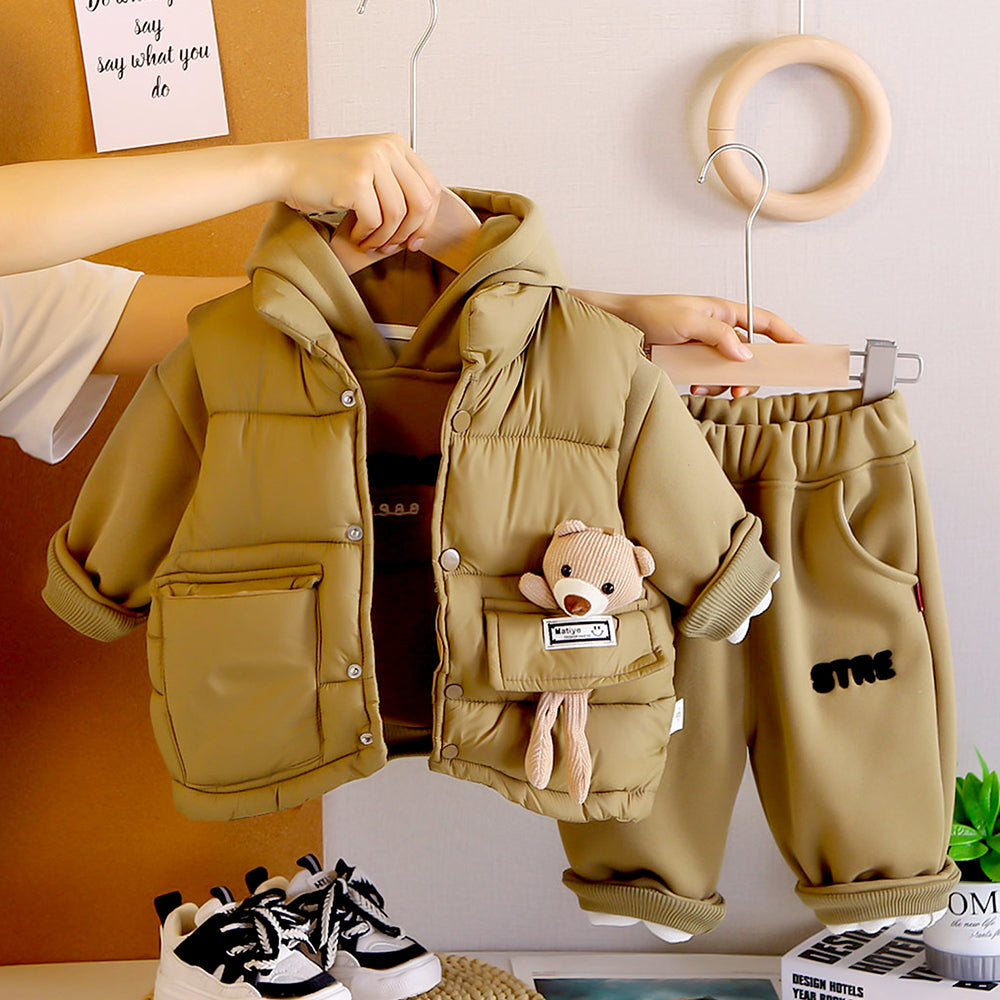 3 Pcs Set, Olive Long Ted Hoodie, Sleeveless Puffer Jacket with Pants for Kids, Winterwear