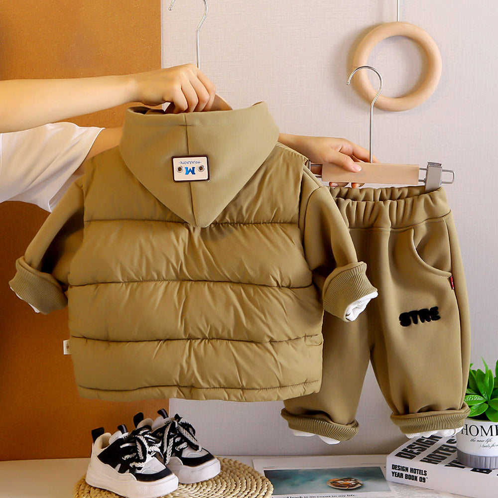 3 Pcs Set, Olive Long Ted Hoodie, Sleeveless Puffer Jacket with Pants for Kids, Winterwear