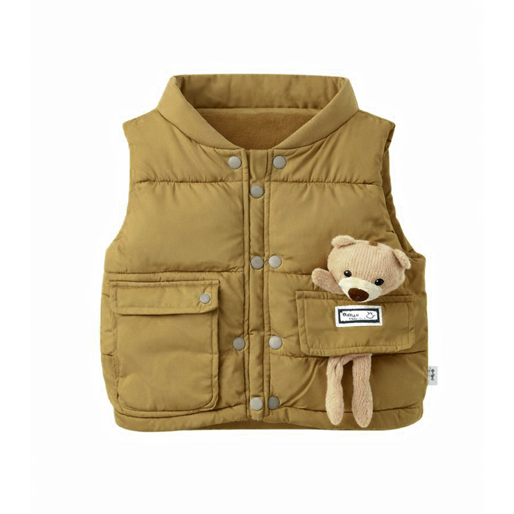 3 Pcs Set, Olive Long Ted Hoodie, Sleeveless Puffer Jacket with Pants for Kids, Winterwear