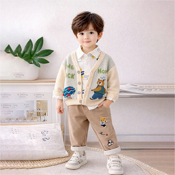 3 Pcs Set,Plane & Sun Shirt,Ted Cardigan & Pants set for Kids