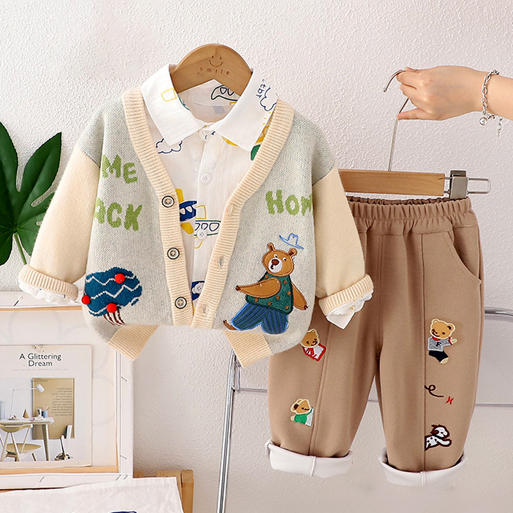 3 Pcs Set,Plane & Sun Shirt,Ted Cardigan & Pants set for Kids