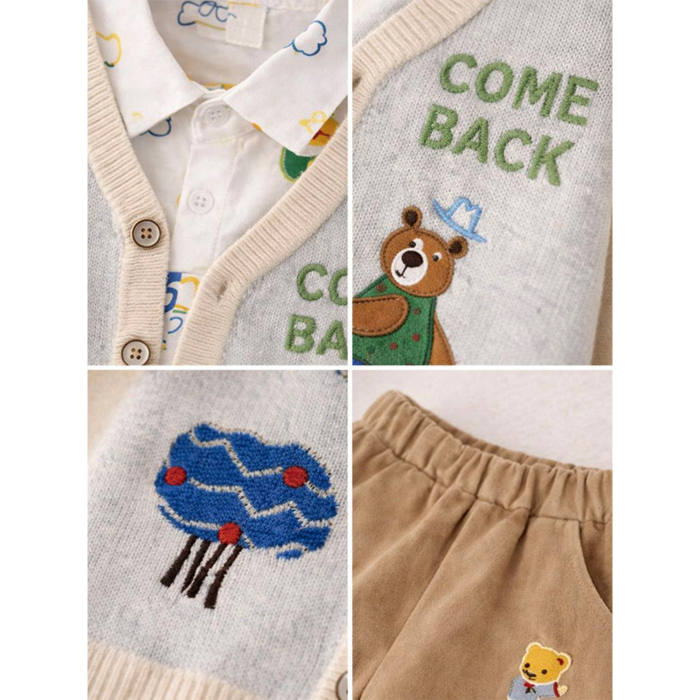 3 Pcs Set,Plane & Sun Shirt,Ted Cardigan & Pants set for Kids