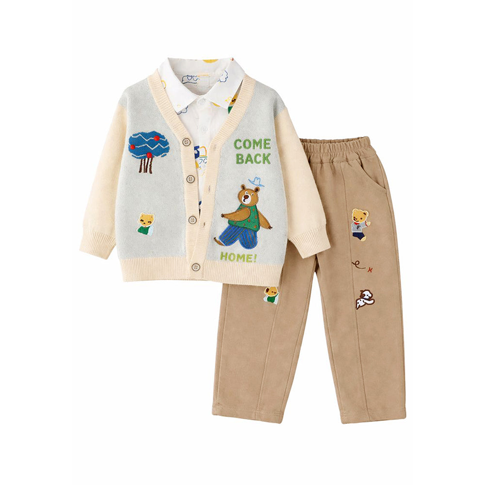 3 Pcs Set,Plane & Sun Shirt,Ted Cardigan & Pants set for Kids