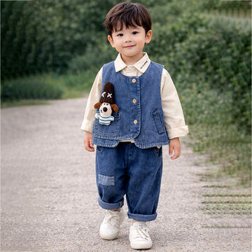 3 Pcs Set,Side Buttoned Denim Vest with Shirt & Matching Denim Pants for Kids