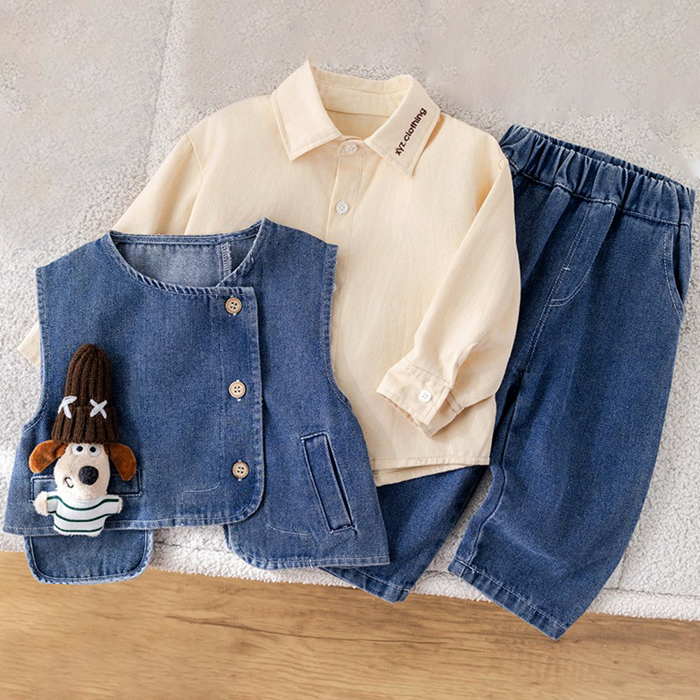 3 Pcs Set,Side Buttoned Denim Vest with Shirt & Matching Denim Pants for Kids