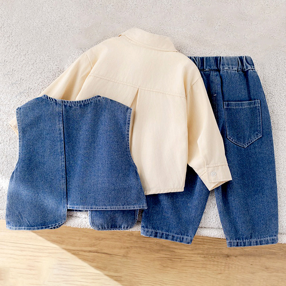3 Pcs Set,Side Buttoned Denim Vest with Shirt & Matching Denim Pants for Kids