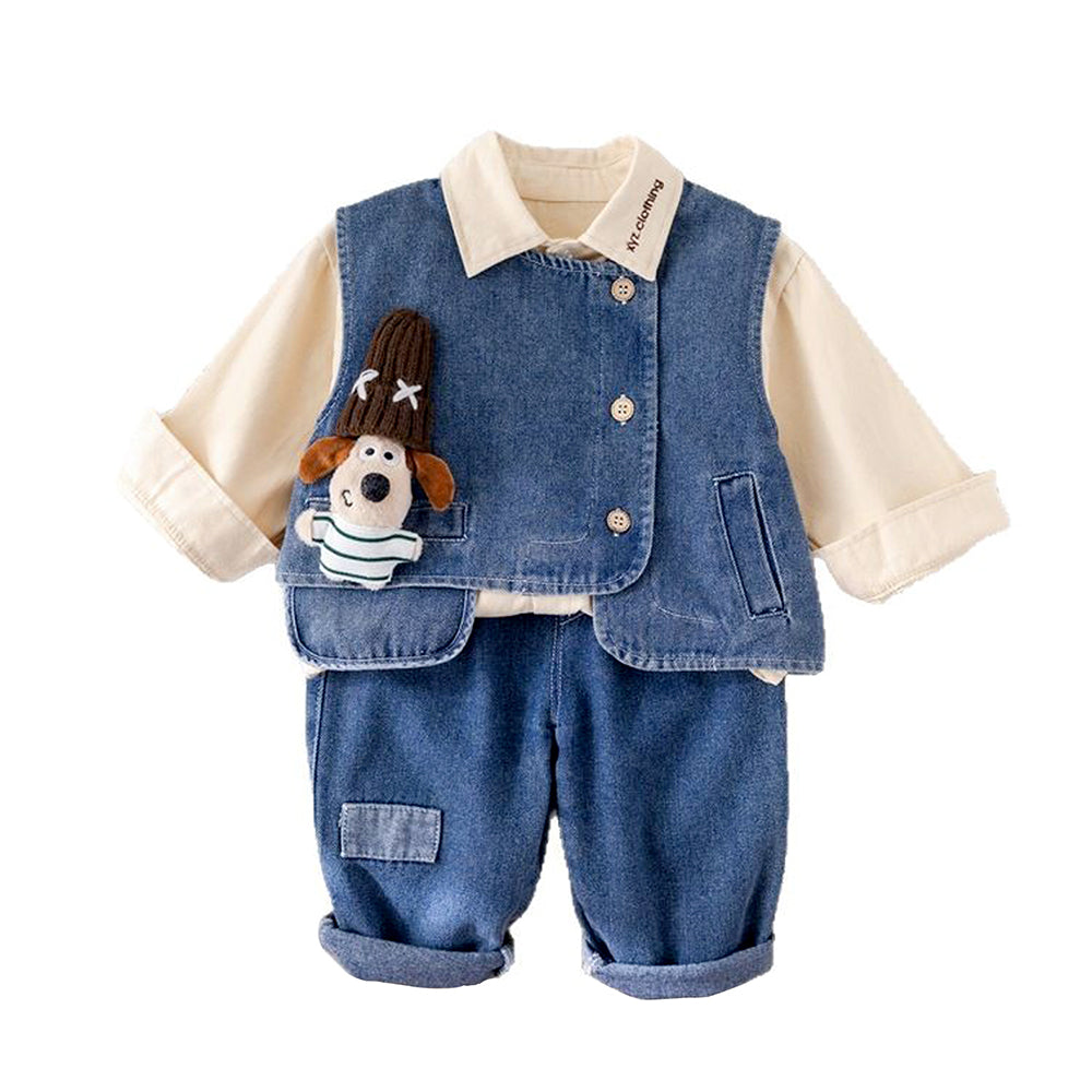 3 Pcs Set,Side Buttoned Denim Vest with Shirt & Matching Denim Pants for Kids