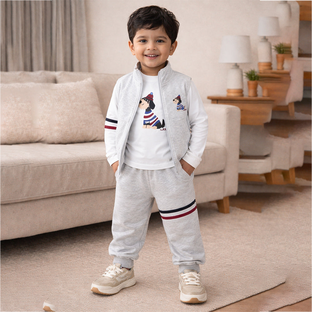 3 Pcs Winter Set, Playful Dog Print Sleeveless Jacket, T-Shirt & Pants for Kids
