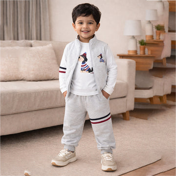 3 Pcs Winter Set, Playful Dog Print Sleeveless Jacket, T-Shirt & Pants for Kids
