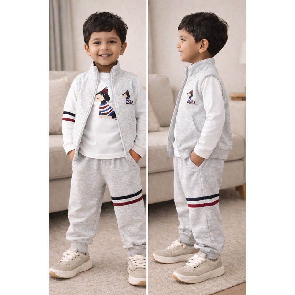 3 Pcs Winter Set, Playful Dog Print Sleeveless Jacket, T-Shirt & Pants for Kids